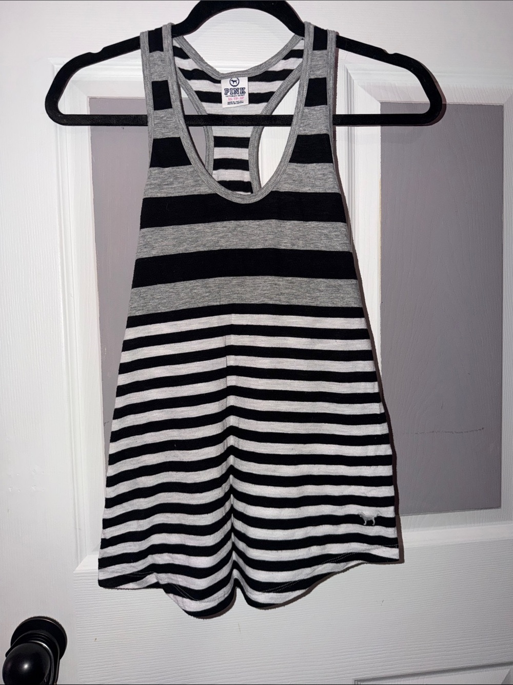 PINK Victoria's Secret Black & Gray Striped Racerback Tank Top